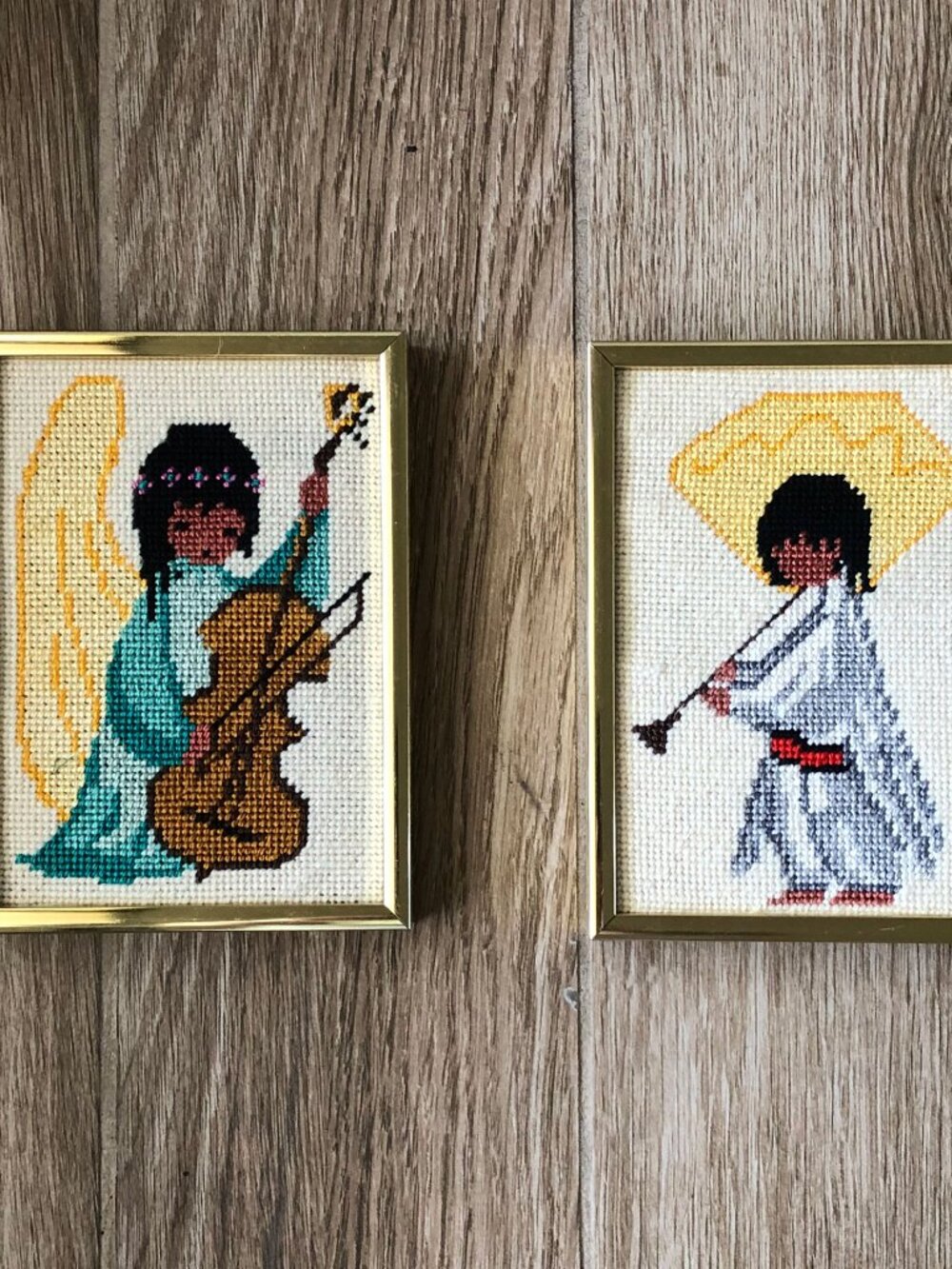 Vintage Ted DeGrazia Style Needlepoint Lot of 2 - Framed Musical Angels Cross St